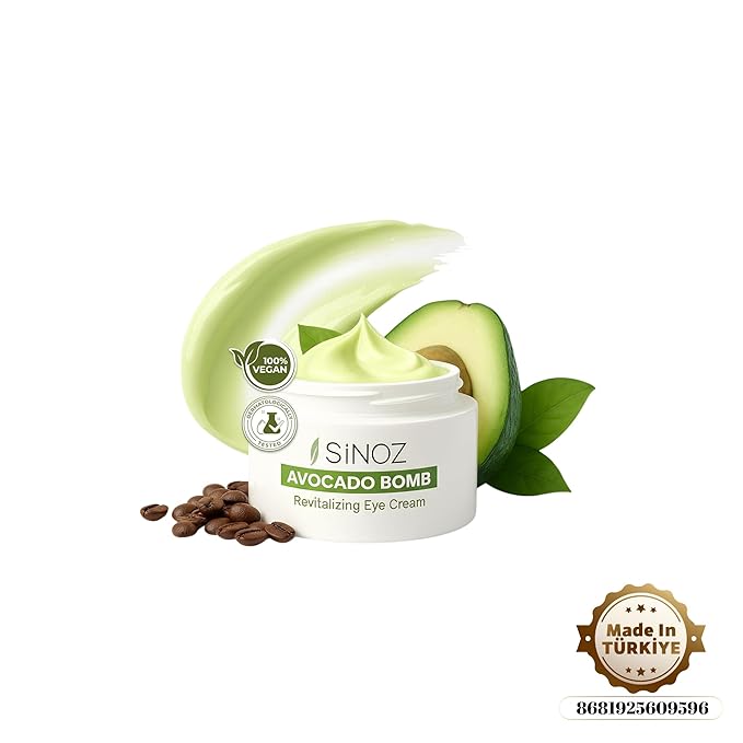 sinoz Hydrating Eye Cream with Avocado Oil, Caffeine & Peptides, 15 ml - Avocado Eye Cream, Dark Circles Eye Cream for Puffiness & Dry Under Eyes, Day and Night Skincare for Women