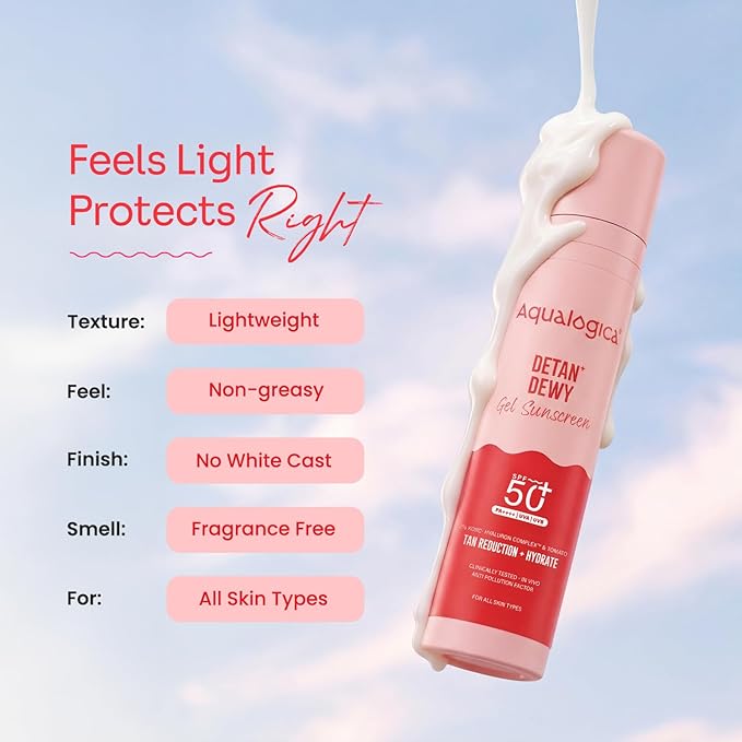 Aqualogica Detan+ Dewy Sunscreen SPF 50+ PA++++ with Cherry Tomato & HA - 50 g Broad Spectrum SPF 50+ PA++++ UVA/B & Blue Light Protection Anti-Pollution Factor (APF) Technology