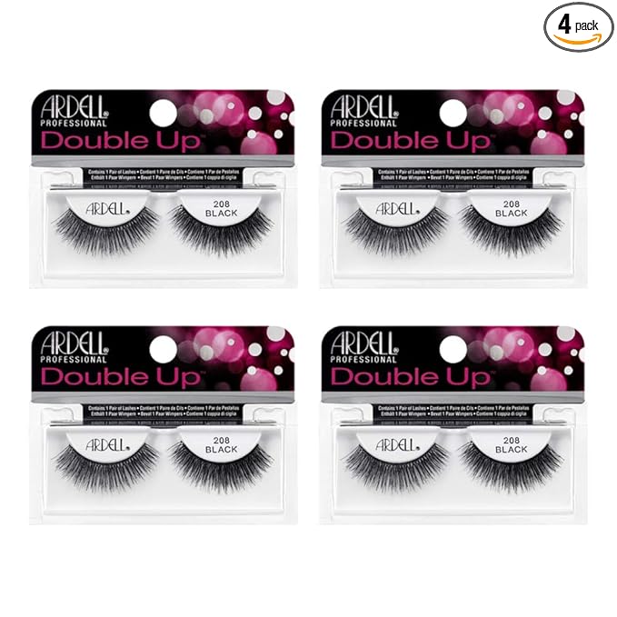 Ardell False Eyelashes Double Up 208 - Black, Dramatic Volume, Full Strip, Flared & Thick Lashes for a Bold Look, 4 Pack