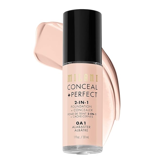 Milani Conceal + Perfect 2-in-1 Foundation + Concealer for a Flawless Complexion, Under Eye Corrector, Cover Redness and Imperfections, Waterproof and Sweatproof - 0A1-Alabaster
