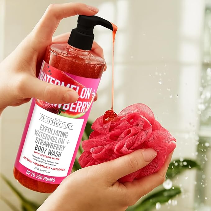 Exfoliating Body Wash – Watermelon & Strawberry with Coconut, Nourishing Body Scrub for Smooth Skin, Hydrating & Rejuvenating Shower Gel, For Women & Men, Cruelty-Free, 32 oz