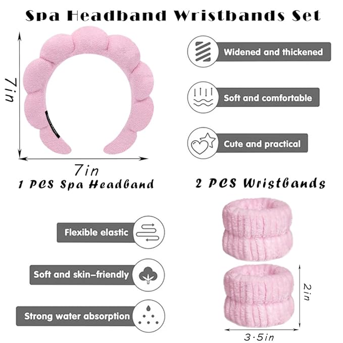 Tetizo Spa Headbands for Washing Face Wristband Set Sponge Makeup Skincare Headband Wrist Towels Bubble Soft Terry Towel Cloth Hairband for Women Puffy Headwear Non Slip Thick Hair Headwear (Pink)