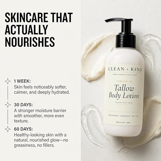 Fragrance Free Tallow Body Lotion — Hydrating Non-Toxic Unscented Natural Body Moisturizer & Cream, Grass-Fed Beef, Organic Shea, Jojoba, Coconut MCT & Aloe for Dry Sensitive Skin (8 oz)