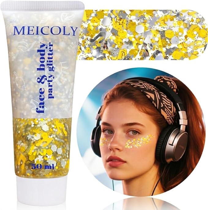 MEICOLY Face Glitter Makeup for Music Festival,Country Concert Outfits for Women, Holographic Gold Silver Purple Body Glitter,Halloween Party Accessories Self-Adhesive Glitter Face Paint,50ml