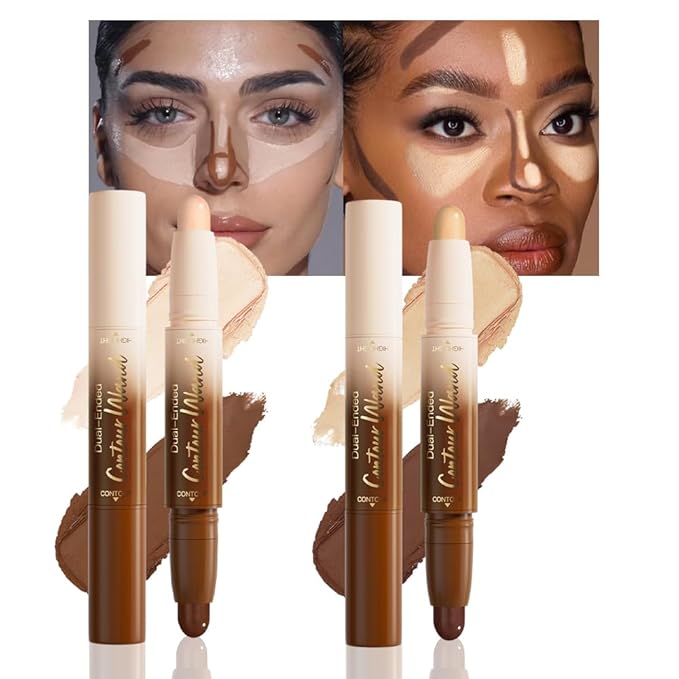 FeiCuiYun 2Pcs Dual-Ended 2-in-1 Cream Contour & Highlighter Stick Makeup For Face & Body – Waterproof, Long-Lasting, Suitable for All Skin Tones, (02+04)