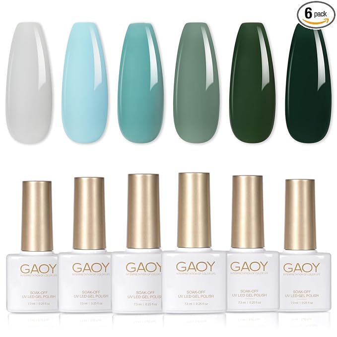 GAOY Green Gel Nail Polish Set, 6 Colors Dark Forest Green Blue Gray Soak Off UV Light Cure Gel Polish Kit for Salon and Nail Art DIY at Home
