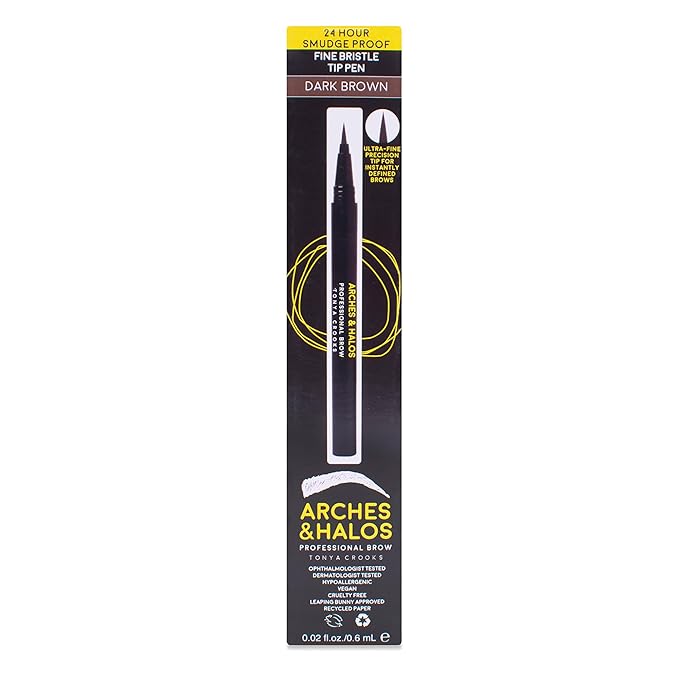 Arches and Halos Fine Bristle Tip Pen - Eyebrow Pencils for Women - Vegan Brow Pencil - Smudge-Proof, Buildable Formula - Dark Brown - 0.02 oz