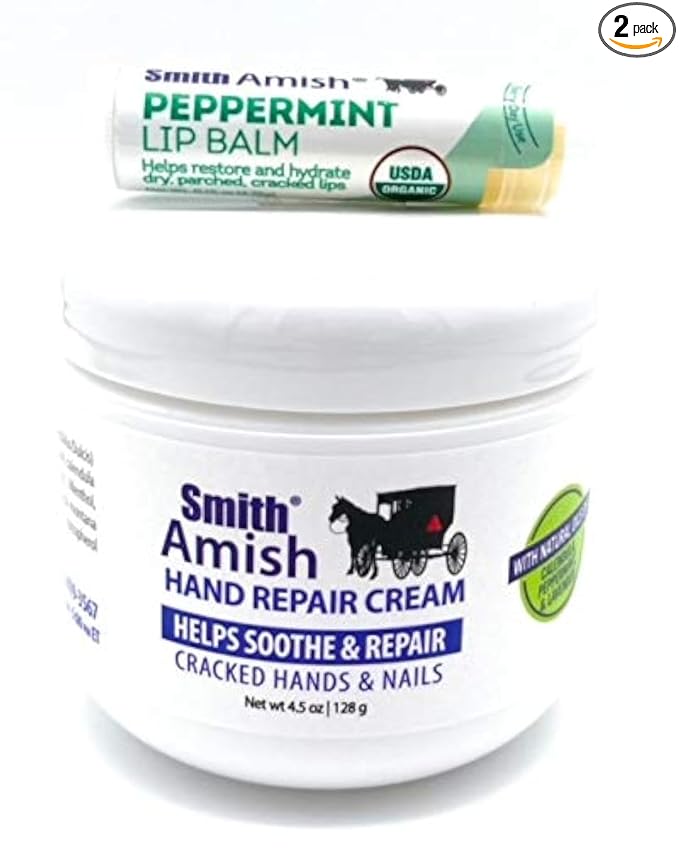 Smith Amish Hand Repair Cream 4.5 oz jar Plus Organic Peppermint Lip Balm.