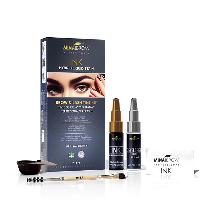Mina iBrow INK Hybrid Liquid Tint Kit for Professional Hair Color, 14ml - Medium Brown