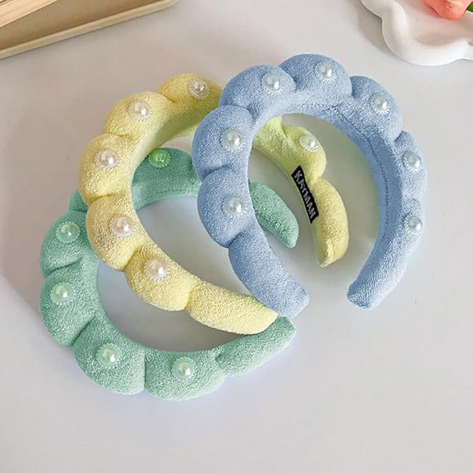 Spa Headbands Puffy Makeup Skincare Headbands for Washing Face or Facial, Terry Cloth Fabric Hairbands for Makeup Removal Shower Skin Treatment(Light Blue, Pearl)