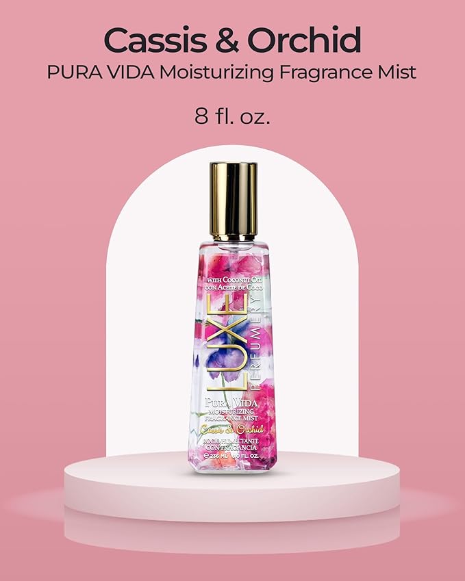Luxe Perfumery Pura Vida Cassis & Orchid Moisturizing Fragrance Mist – Floral Fruity Body Spray with Cassis, Bulgarian Rose & Vanilla Orchid – Hydrating Skin Mist for Women, Made in USA, 8 Fl Oz