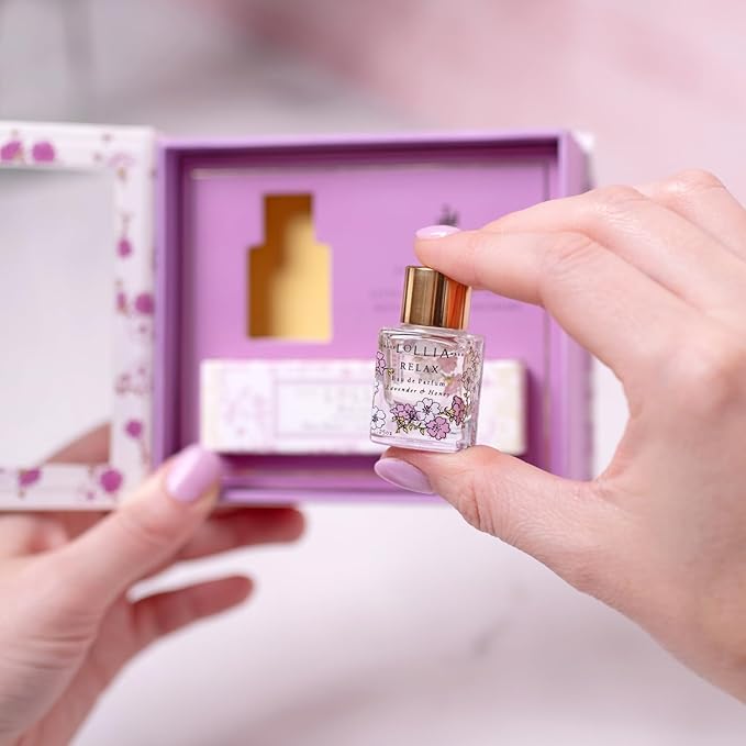 Lollia Relax Fragrance Story Gift Set – .16 fl. oz. Eau de Parfum & .33 oz. Petite Treat Handcreme – Lavender & Honey – Shea Butter Hand Cream for Women, Travel Size Perfume, Hand Lotion for Dry Hands