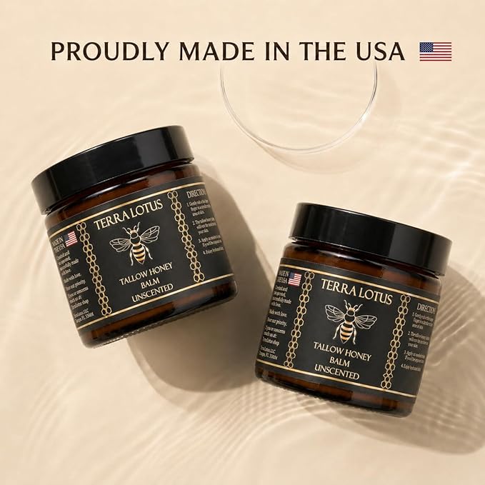 Terra Lotus - Organic Grass-Fed Beef Tallow Balm with Raw Honey - Moisturizing Cream for Soft, Smooth Skin - Handmade All-Natural Moisturizer (4 Oz, Unscented)