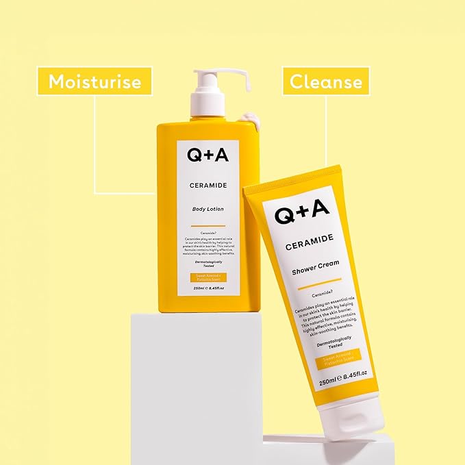 Q+A Ceramide Shower Cream, provides a gentle cleanse, deeply nourishing the skin with a rich and creamy formula of Squalane, Jojoba Seed Oil, and a sustainable Ceramide Extract from pineapples, 250ml