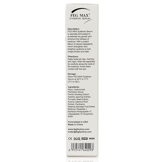 FEG Max Eyebrow Enhancer Growth Treatment Serum | Enhancing to Help Lengthen and Thicken Eyebrows | Non-irritating Brow Serum | 6ml