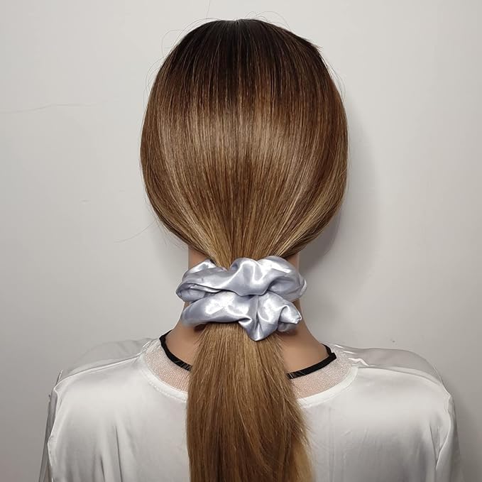 6 Pcs Satin Silk Scrunchies - Soft Hair Ties, Fashion Hair Bands, Bows, Elastic Bracelets, and Ponytail Holders for Women and Girls (4.5 Inch, Blue and Gray)