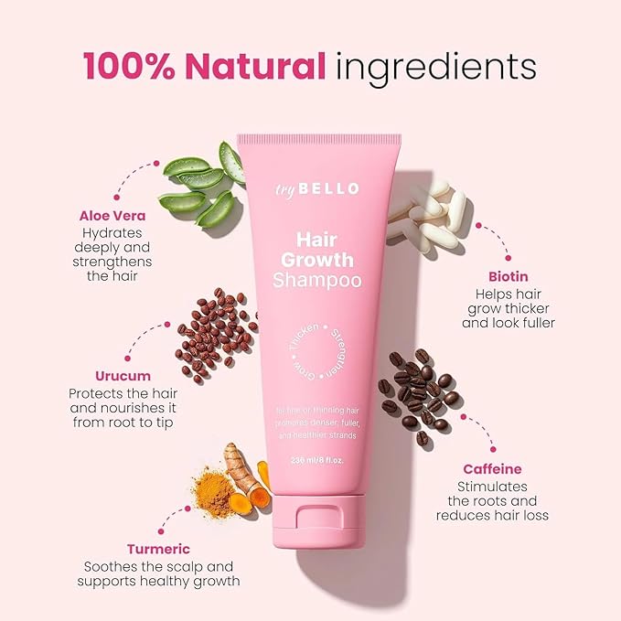 Trybello Hair Growth Shampoo | Natural Thickening & Scalp Detox | Aloe Vera, Turmeric, and Urucum Extract | Sulfate-Free, Vegan, Anti-Hair Fall Formula | For Any Hair Type | 4 Pack Combo