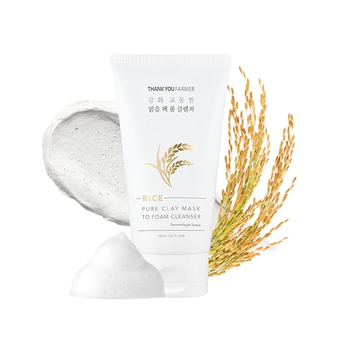 THANKYOU FARMER Rice Pure Clay Mask to Foam Cleanser, 1 Minute Clay Mask to Purify Pores, Foam Cleanse to Remove Excess Oil & Sebum, Deep Cleansing, Korean Skincare, Dermatologist Tested, 5.27 Fl oz