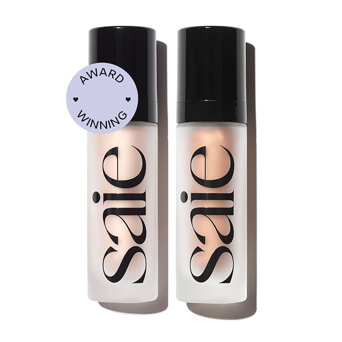 Saie Glowy Super Gel Duo - Illuminating Makeup Primer + All-Over Liquid Highlighter Gel for Dewy, Glass Skin - Vegan Skin Care Infused Glow Serum with Squalane Oil - Sunglow + Starglow (1 Oz, 2 Pack)