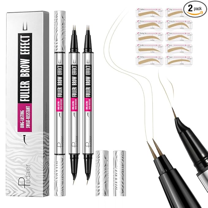 Pudaier 2 Pack 2 Fine Tip Eyebrow Pen, Waterproof Filling Faux Brow Makeup Pencils for Women with Precise Curved Brush-Tip to Fast Create Natural Hair-Like Brows, Last All-Day (Light Blonde)