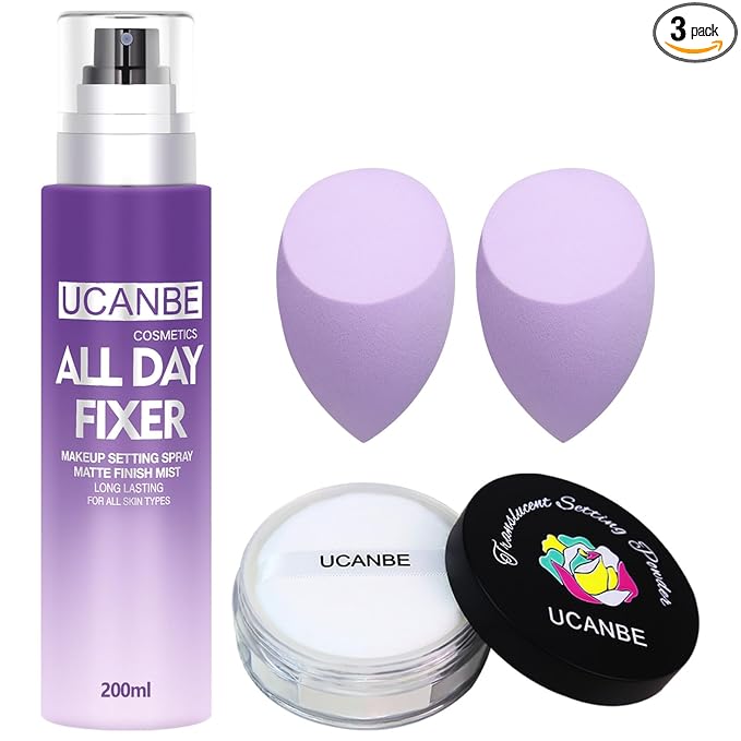 UCANBEMAKUP Long Lasting Makeup Setting Spray Kit- 6.76 Fl oz Hydrating Matte Finish Mist Lightweight Face Make up Fixer +Translucent Loose Setting Powder+2PC Sponge Puff Set