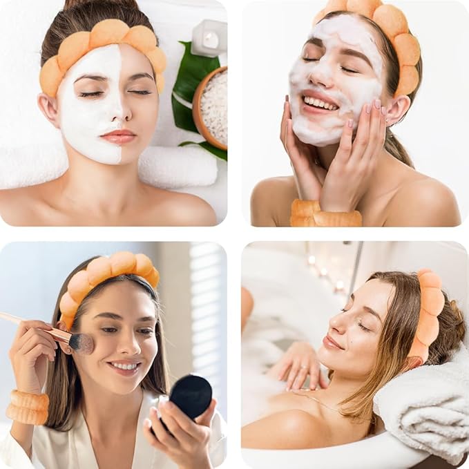 Spa Headbands for Washing Face Wristband Set Sponge Makeup Skincare Headband Wrist Towels Bubble Soft Terry Towel Cloth Hairband for Women Puffy Headwear Non Slip Thick Thin Hair Headwear (Orange)