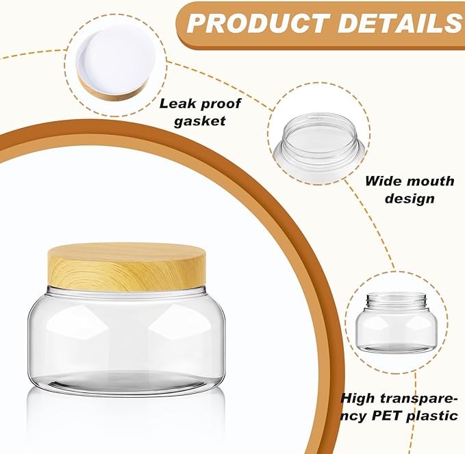 Tessco for you 24 Pack Plastic Jars with Lids Labels Multiuse Slime Containers Empty Body Scrub Jars Round Refillable Cosmetic Body Butter Container for Makeup (8 oz,Clear,Light Beech)