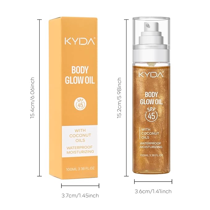 KYDA Travel Size Sunscreen, SPF 45 Body Glow Oil with Sequin Mica, Lightweight Moisturizing Coconuts Sunscreen SPF Glow Oil, Sun-kissed Shimmer Body Lotion, Water Resistant, 3.38 fl oz, AMBER