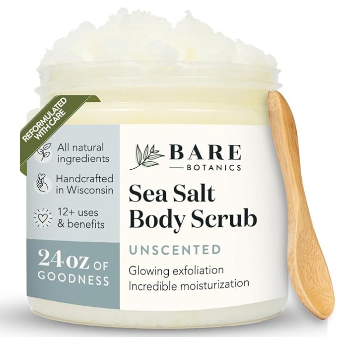 Bare Botanics 24oz Unscented Sea Salt Body Scrub | Non-toxic, Vegan & Cruelty-free | Made in Madison, WI | Full Body Exfoliator & Hydrating Moisturizer with a Cute Wooden Spoon