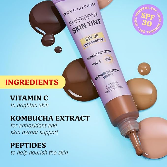 Revolution Superdewy SPF 30 Skin Tint, Tinted Mineral Face Foundation, Buildable Coverage for Facial Glow, 12% Zinc Oxide, Vegan & Cruelty-Free, Medium Neutral
