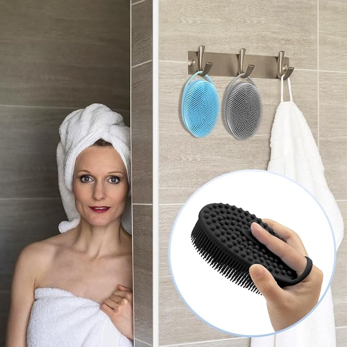 PQRUU 3 Pack Silicone Body Scrubbers for Use in Shower, Exfoliating Body Scrubber Fit for All Kinds of Skin, Soft Silicone Loofah for Women Men,Bath Scrubbers Rapid Foaming,Black,Blue,Gray