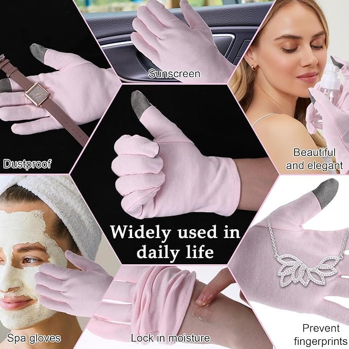 HandLove Premium 100% Cotton Gloves | Moisturizing Gloves for Dry Hands | Overnight Sleeping & Eczema | Touchscreen Friendly | Baby Pink, 2Pairs