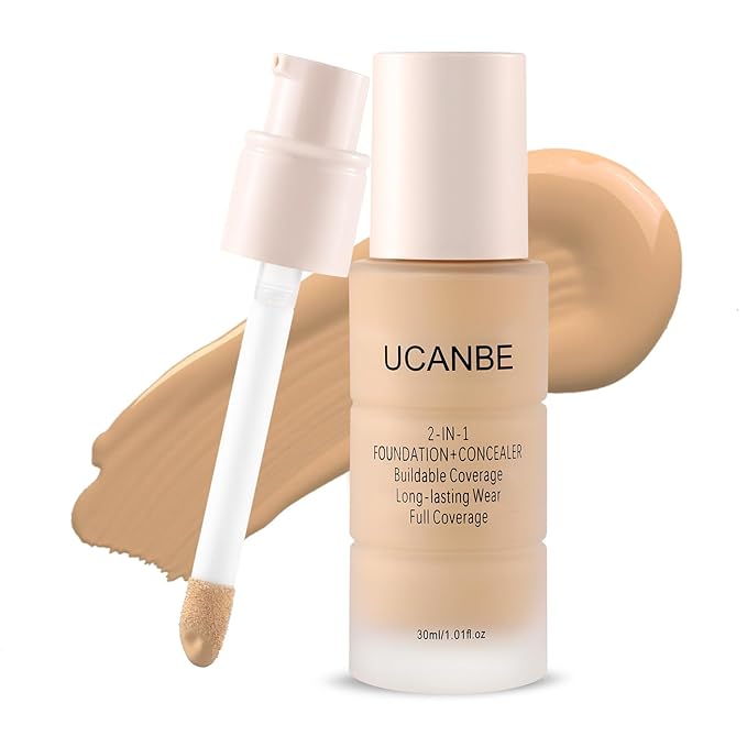 UCANBE 2-IN-1 Foundation + Concealer, Full Coverage Long-Lasting Matte Makeup for Normal, Combination and Oily Skin, Buildable Waterproof Formula with Hyaluronic Acid （08 Sun Beige）