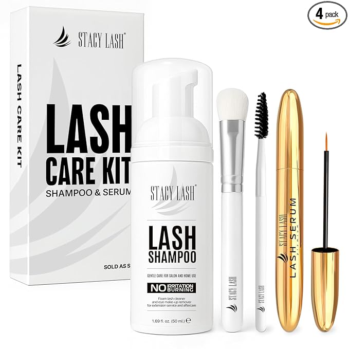 STACY LASH Shampoo 50ml Cleaning Kit of Eye Makeup Remover (Foam Cleanser) & Shampoo Brush & Mascara Brush Bundle with Eyelash Serum 5ml for Lash Growth and Thickness