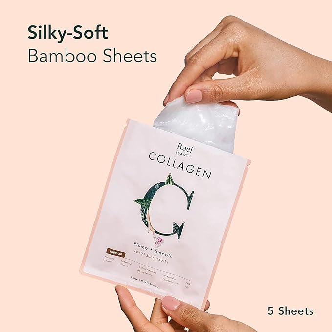 Rael Face Mask Skin Care, Collagen Face Masks - Bamboo Facial Sheet Mask, Korean Skincare, with Collagen Essence and Fruit Extracts, Nourishing and Hydrating, All Skin Types (Collagen, 5 Sheets)