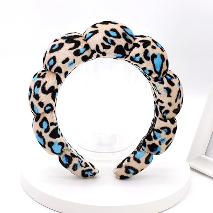Spa Headbands Puffy Makeup Skincare Headbands for Washing Face or Facial, Terry Cloth Fabric Hairbands for Makeup Removal Shower Skin Treatment(Black/Blue Leopard)