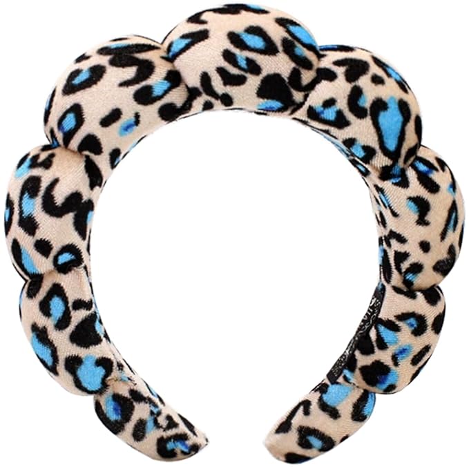 Spa Headbands Puffy Makeup Skincare Headbands for Washing Face or Facial, Terry Cloth Fabric Hairbands for Makeup Removal Shower Skin Treatment(Black/Blue Leopard)