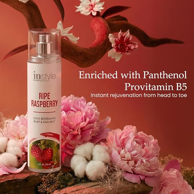 Instyle Fragrances | Body & Hair Mist | Ripe Raspberry Scent | With Panthenol | CLEAN, Vegan, Paraben Free, Phthalate Free | Premium 8 Fl Oz Spray Bottle