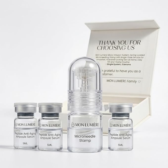 Mon Lumiere Micro Infusion System for Face – Gold Spring-Loaded Facial Stamp with PDRN & Peptides – At-Home Skincare Kit for Glow, Smoother-Looking Skin & Visible Radiance – 3 Single-Dose Serums