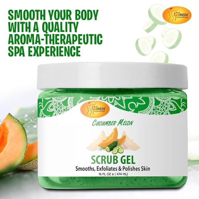 SPA REDI – Exfoliating Scrub Pumice Gel, Cucumber Melon, 16 oz - Manicure, Pedicure and Body Exfoliator Infused with Hyaluronic Acid, Amino Acids, Panthenol and Comfrey Extract