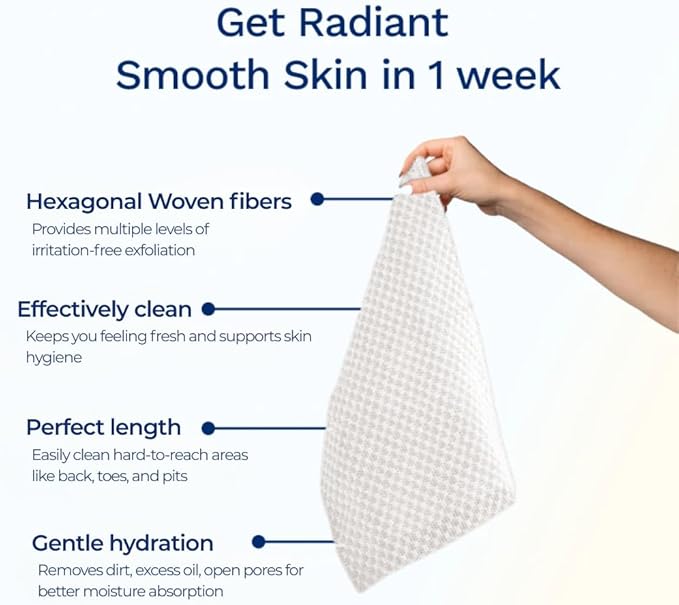 Sima Brand Exfoliating Washcloth Face & Body Scrub Towel - Japanese Exfoliating Towel with Hexagon Fibers, Body Scrubber with 2 Sides for Scrubbing & Washing, Extra Long Body Towels (White)