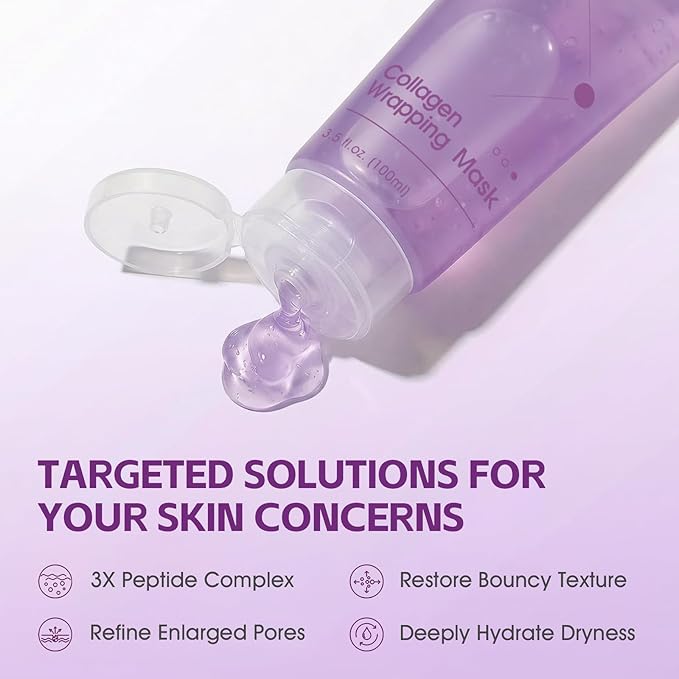 Collagen Night Wrapping Mask - Overnight Peel Off Face Mask for Firming and Pore Tightening, Facials Professional, Hydrating Brightening, Korean Skin Care, 3.5 fl.oz