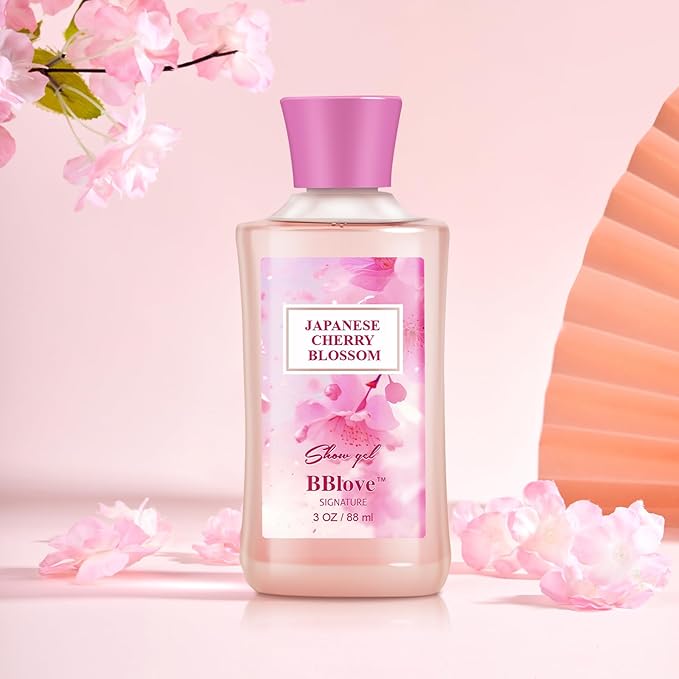 Bath and Body Gift Set for Women and Girls, 3PC Travel Size Self Care Spa Kit with Shower Gel, Body Lotion & Body Mist, Japanese Cherry Blossom Floral Scent, Gift for Teens Mom Bride Friends