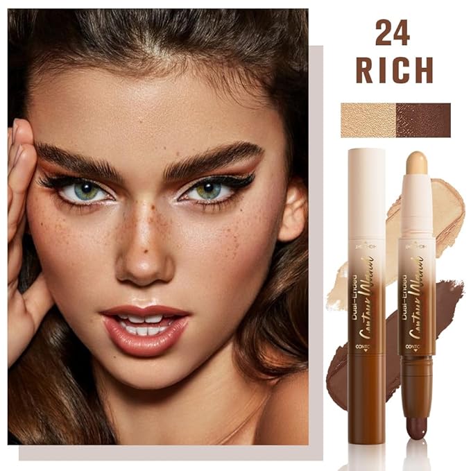 Dual Ended Contour Stick, Nude Brown + Nude Cream Concealer Highlighter, Waterproof No Transfer Long-Lasting 2-in-1 Face Contour Bronzer Stick for Daily Makeup 24#