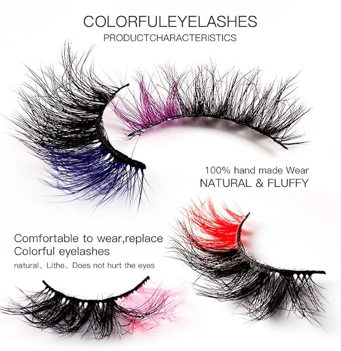 Sunniess Ombre Colored Lashes Silk Protein Fluffy Wispy Volume Fake Lashes for Halloweens Cosplay Party Stage Lashes with Color Make up Faux Mink False Eyelashes