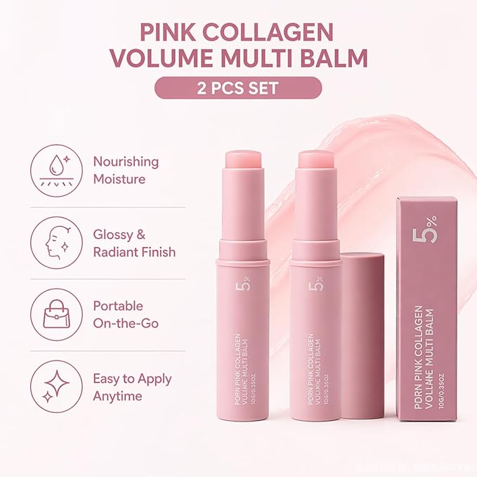 PDRN Pink Collagen Volume Multi Balm Stick 2 Pack, Hydrating Wrinkle Balm for Face & Body, Collagen Plumping Stick for Under Eyes, Neck, Forehead, Smile Lines & Lips, Radiance & Smoothing Care