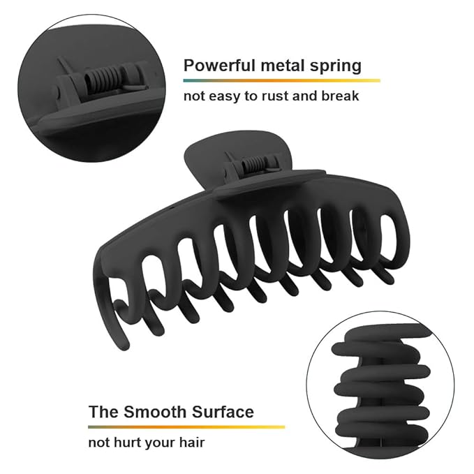 WHAVEL 6PCS Matte Plastic Large Black Hair Claw Clips For Thick Hair Jaw Clips Non-slip Ponytail Holder Hair Clip Clamps Teeth for Women and Girls