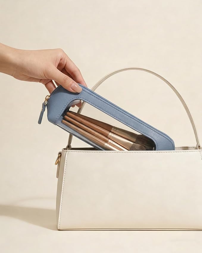 LETGO Clear Makeup Brush Bag Pouch, Waterproof PU Leather Portable Makeup Bag Holder with Transparent Window, Travel Lipstick Case Pouch Car Organizer and Storage (Slim, Blue)