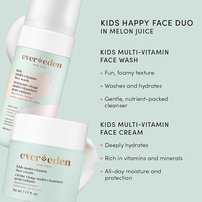Evereden Happy Kids Skin & Lips Routine - Multi-Vitamin Face Wash & Face Cream Melon & Tinted Lip Oil Sakura Pink Set - Clean & Vegan Skin Care for Kids 3+ - Moisturizing, Nourishing, & Protective