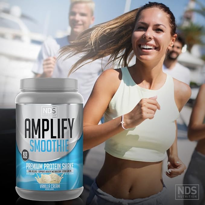 AMPLIFY NDS Nutrition Smoothie Premium Whey Protein Powder Shake with Added Greens and Amino Acids - Build Lean Muscle, Gain Strength, Lasting Energy, and Lose Fat - Vanilla (30 Servings)